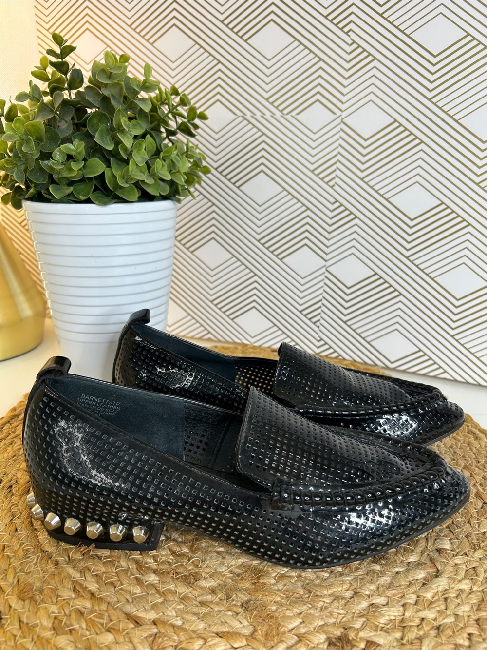 Jeffrey Campbell Barnett perforated black patent leather studded loafers-size 7